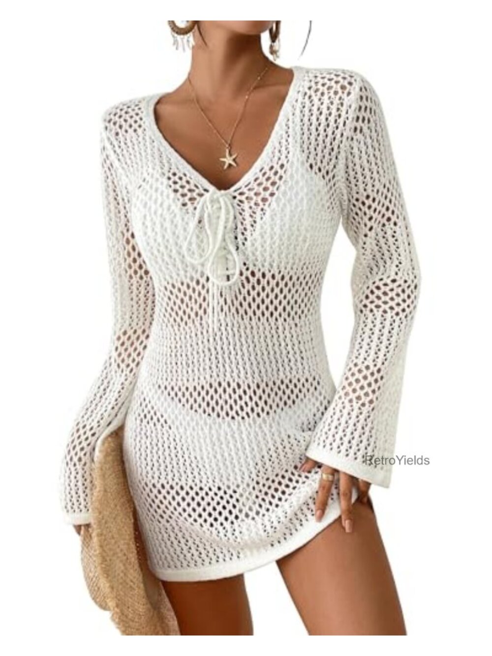 Women Crochet Coverup Long Sleeve V Neck Beach Dress
